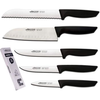 Arcos Juego Cuchillos Cocina Profesionales| Cuchillos Cocina Profesional | 5 Pzas | Cuchillos Acero Inoxidable Arcos | Mango Negro | Utensilios De Cocina | Cuchillo Japones Santoku | Lavavajillas