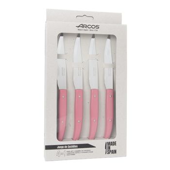 Set 4 Cuchillos Chuleteros Acero Inoxidable Arcos Mesa Color Rosa