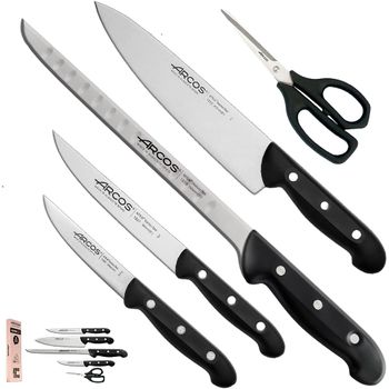 Arcos Juego De Cuchillos Cocina | Arcos Maitre Cuchillos | 5 Piezas | Chef (215 Mm) + Cuchillo Cocina (150 Mm) + Cuchillo Verduras (100 Mm) + Cuchillo Jamonero Alveolos (240 Mm) +  Tijera Cocina