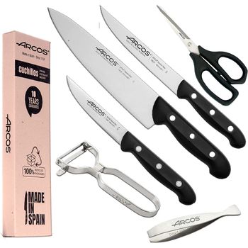 ARCOS Juego de 3 cuchillos de pelar de acero inoxidable y mango ergonómico  de polipropileno para cortar frutas, verduras y tubérculos. Serie Nova.