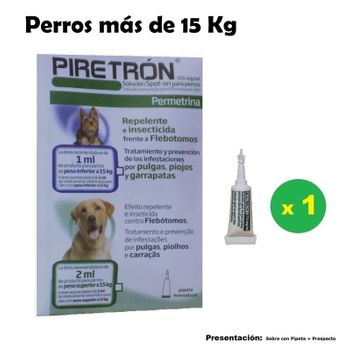 Pipetas Piretron Para Perros +15 Kg Anti Pulgas, Garrapatas Y Flebotomos - 1 Pipeta