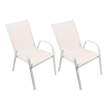 Set De 2 Sillas De Jardín Apilables - Asiento En Metal Y Tela Para Exteriores - Ideal Para Jardín, Balcón O Terraza - Blanco/blanco