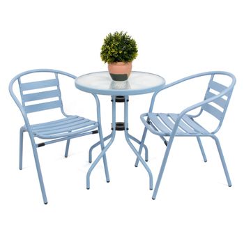 Set De 2 Sillas Con Respaldo Cuadrado Y Mesa Redonda De Metal Para Jardín - Azul