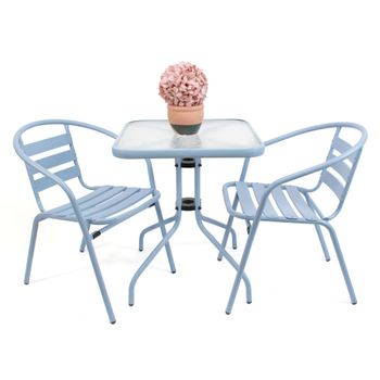 Set De 2 Sillas Con Respaldo Redondo Y Mesa Cuadrada De Metal Para Jardín - Azul