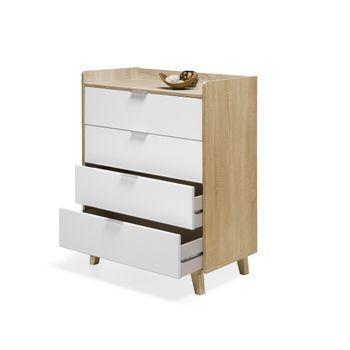 Cómoda de Noche Luca 5 cajones Blanco, Madera Maciza, 90 cm (Ancho) 40 cm  (Profundo)