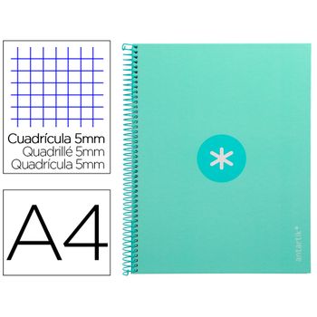 Cuaderno Espiral Liderpapel A4 Micro Antartik Tapa Forrada 80h 90 Gr Cuadro 5mm 1 Banda 4 Taladros Menta