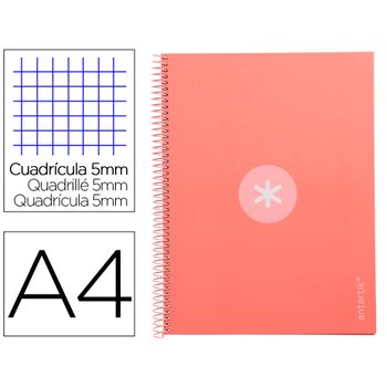 Cuaderno Espiral Liderpapel A4 Micro Antartik Tapa Forrada 80h 90 Gr Cuadro 5mm 1 Banda 4 Taladros Rosa Claro