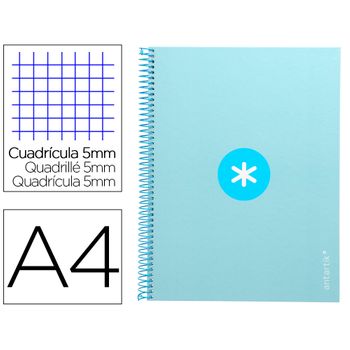 Cuaderno Espiral Liderpapel A4 Micro Antartik Tapa Forrada 80h 90 Gr Cuadro 5mm 1 Banda 4 Taladros Celeste