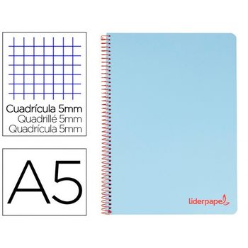 Cuaderno Espiral Liderpapel A5 Micro Wonder Tapa Plastico 120h 90g Cuadro 5mm 5 Bandas 6 Taladros Color Celeste