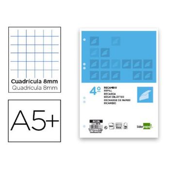 Recambio Liderpapel Cuarto 100 Hojas 60g/m2 Cuadro 8mm Con Margen 6 Taladros