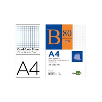 Bloc Notas Liderpapel Cuadro 5mm A4 80 Hojas 60g/m2 Encolado (pack De 6 Uds.)