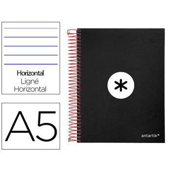 Cuaderno Espiral Liderpapel A5 Micro Antartik Tapa Forrada 120h 100 Gr Horizontal 5 Bandas 6 Taladros Color Negro