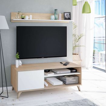 Mueble Para Tv Kikua Plus Con Estante Salón Comedor Color Roble Canadian Y Blanco Artik Estilo Nórdico