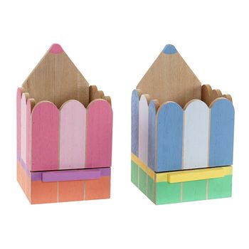 Portalápices Dkd Home Decor Azul Rosa Madera (2 Pcs) (10 X 10 X 18 Cm)