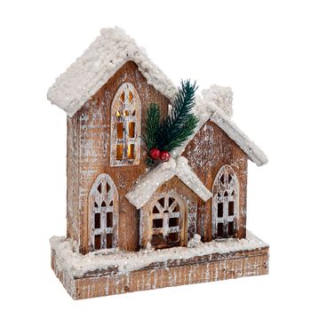 Casa Nevada Led De Navidad Con 3 Luces De Madera Natural A Pilas De 21x9x21 Cm