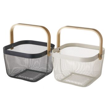 Set De 2 Cestas Organizadoras De Metal Y Madera En Blanco Ynegro Con Asa De 26x26x17 Cm