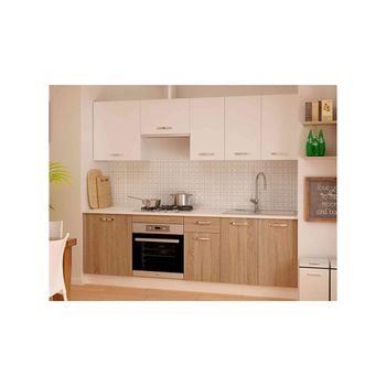 Cocina completa - 180 cm - 6 compartimentos - Blanco y roble - TRATTORIA