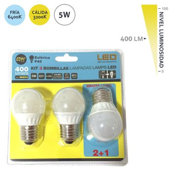 Kit 3 Bombillas LED Esfericas 5W E14 6.400K LUZ FRIA - BOMBILLAS DE