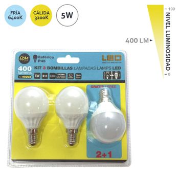 Pack Bombillas Led Esféricas 2+1 Gratis 5w E14 Edm Fria 6400k