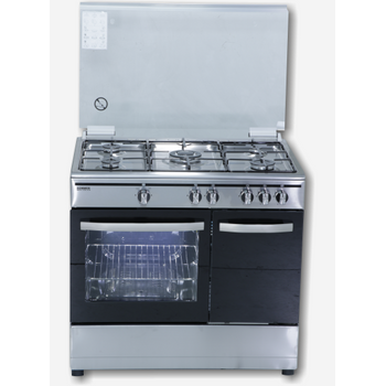 Cocina Rommer 5 Fuegos Inox Horno Gas + Portabombonas 1 Fuego Triple Corona Tapa Cristal