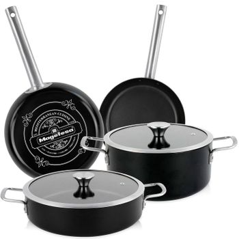 Batería Cocina Inducción 6 Piezas, Antiadherente Libre Pfoa Exterior Negro Mate Retro Vintage Negro  Magefesa Ares