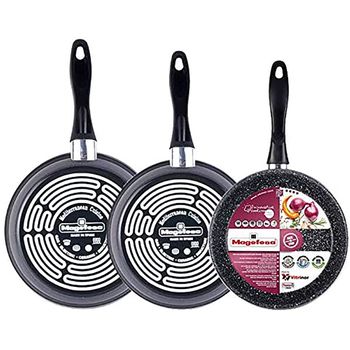  MAGEFESA Juego de 3 sartenes negras (24/26/28) cm, color  exterior negro. Reforzado con bicapa antiadherente, adecuado para todo tipo  de cocinas, inducción especial. 50% de ahorro de energía. : Hogar y Cocina