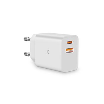 Cargador De Red Ksix 30 W, Pps, Power Delivery, Carga Ultra Rápida, Multipuerto 1 X Usb-c + 1 X Usb-a, Blanco