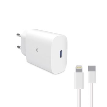 Cargador De Red Ksix Gan 30 W, Pps, Power Delivery, Carga Ultra Rápida, Usb-c + Cable Usb-c A Lightning 1 M, Blanco