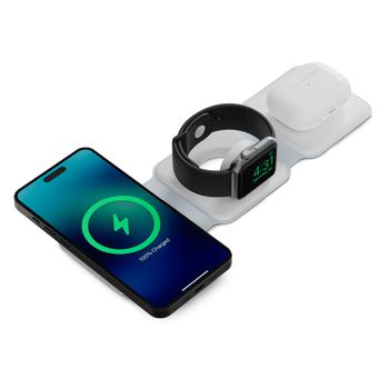 Cargador Inalámbrico Ksix 3en1 15 W, Plegable, Compatible Magsafe, Carga Rápida, Para Móviles Qi, Apple Watch Y Airpods, Blanco