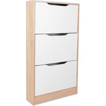 Mueble Zapatero Con 3 Puertas, Estrecho, Color Cambria Y Blanco, Medidas: 107 Cm X 60 Cm X 17,3 Cm- Meyvaser