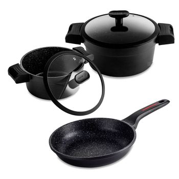 Batería Cocina Inducción 8 Piezas, Aluminio Fundido sin PFOA, Set Cazuelas  + Tapa Asas Silicona, Wecook, Negro, , WCOK-CHEF4B