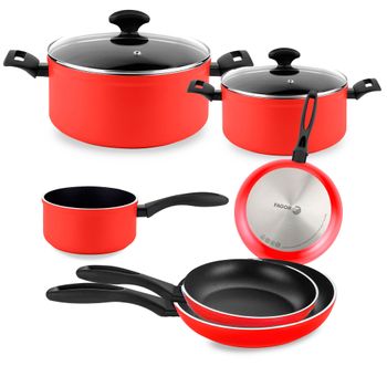 Batería Cocina Inducción 8 Piezas, Antiadherente Sin Pfoa, Aluminio Forjado, Cazuelas Sartenes Rojo  Fagor Maxima