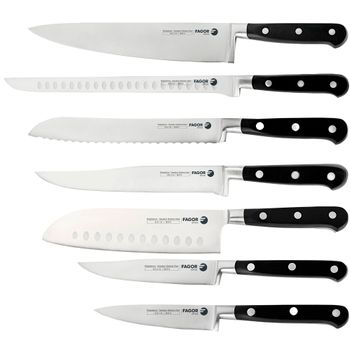 Juego 7 Cuchillos Cocina Profesional, Hoja Acero Inoxidable, Cocinero, Jamonero, Pan, Santoku Acero Inoxidable / Negro  Fagor Couper