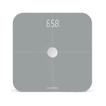 Dayron - Báscula De Baño Inteligente Health, 12 Indicadores Salud, App, Android E Ios, 8 Perfiles Usuario, Auto Apagado, Indicador Batería, Pantalla Led, Diseño Extrafino, 28x28x2.65cm, Blanco O Gris