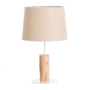 Lámpara De Mesa Moderna Rústica De Madera Hierro Tela Y Color Natural Blanco Y Beige | Modelo Pristino 7hsevenon Deco | Lámpara Para Mesilla De Noche, Salón, Dormitorio... | 35x35x58cm