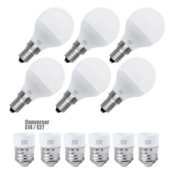 Orion91 - Pack X 6 Unidades Bombillas Led G45 E14 Esférica 6w (=40w) 470lm Blanco Cálido 3000k 15000h + 6 Conversores E27 Orion91 Promotion