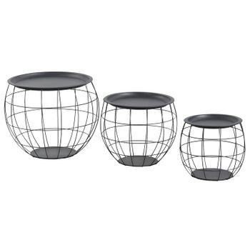 Thinia Home - Kit 3 Mesitas De Centro Redondas Baloon, Metal/hierro, Hogar, Salón, Comedor, Dormitorio, Recibidor, Cesta De Almacenaje, Tapa Extraíble, Diseño Industrial, Color Blanco, Negro O Gris