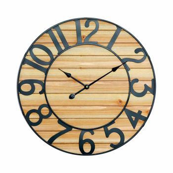 Thinia Home - Reloj De Pared Vintage En Relieve Con Esfera Negro/madera Ø60cm, Hogar, Oficina Y Despacho, Movimiento Agujas Continuo, Extra Silencioso, Números En Relieve, Diseño Actual, Color Natural