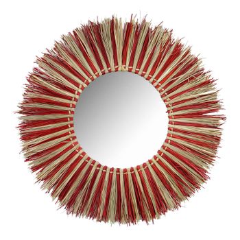 Thinia Home - Espejo Pared Decorativo Meer, Alga Marina, Comedor, Salón, Recibidor Y Pasillo, Dormitorio, Interior, Diseño Boho, Ambiente Mediterráneo, Redondo, Dimensiones Ø76cm, Natural/rojo O Negro