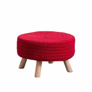 Thinia Home - Puff Salón Baris, Madera/algodón, Bordado Punto, Hogar, Comedor, Dormitorio, Recibidor, Asiento Acolchado, Estilo Étnico, Dimensiones Ø49x30cm (diámetro X Altura), Color Rojo