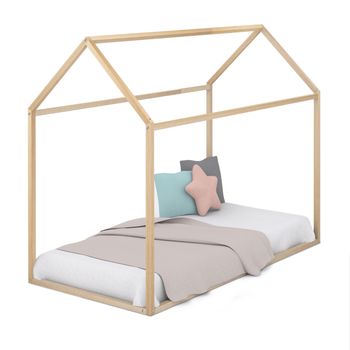 Cama Infantil Tipo Montessori, Casita Madera Natural Para Niño Y Niña, 90 X 190 Cm