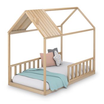 Cama Infantil Tipo Montessori, Casita Madera Natural Con Barrera Barandilla, Para Niño Y Niña, 90 X 190 Cm