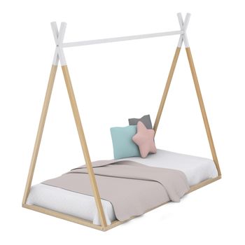 Cama Infantil Tipi Con Somier, En Madera Natural Y Blanco, Forma Casita Indio Montessori, 90x190