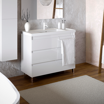 Cosmic Bbest Mueble De Baño Con Lavabo Teckstone 3 Cajones Con Patas Color Blanco Brillo