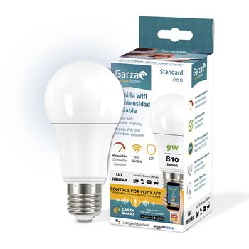 Garza ® Smarthome - Bombilla Led Estandar Inteligente Wifi E27, Luz Blanca Neutra Regulable Con Cambio De Intensidad. Programable, Compatible Con Amazon Alexa Y Google Home.