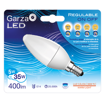 Garza Lighting - Bombilla Led Regulable On/off Tipo Vela En 4 Pasos, Potencia 5w