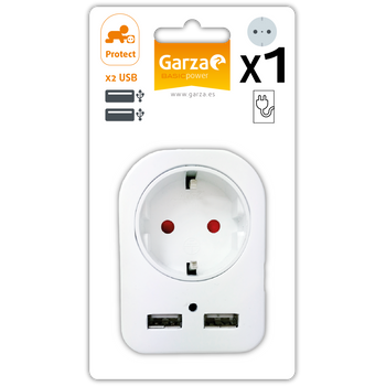 Garza Power - Adaptador De 1 Toma Schuko + 2 Conexiones Usb, Protección Infantil, Color Blanco