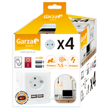 Garza Power - Regleta Base Múltiple Cubo Con 4 Tomas E Interruptor + 2usb 1,5mm2 - 1,4 M Blanco