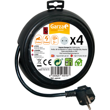 Garza 430016 Enrolla Cables 3 Metros Con 4 Tomas, Negro / Rojo