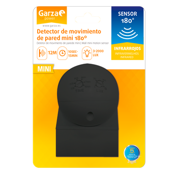 Garza Power - Detector De Movimiento Infrarrojos Mini De Pared, Uso Exterior, Íngulo De Detección 180º, Negro